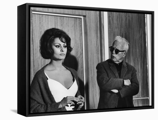 Charlie Chaplin Directing Actress Sophia Loren in Scene from Movie "A Countess from Hong Kong"-Alfred Eisenstaedt-Framed Stretched Canvas