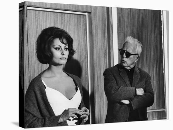 Charlie Chaplin Directing Actress Sophia Loren in Scene from Movie "A Countess from Hong Kong"-Alfred Eisenstaedt-Stretched Canvas
