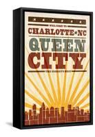 Charlotte, North Carolina - Skyline and Sunburst Screenprint Style-Lantern Press-Framed Stretched Canvas