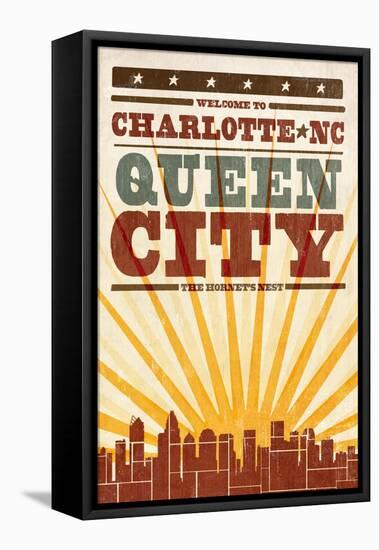 Charlotte, North Carolina - Skyline and Sunburst Screenprint Style-Lantern Press-Framed Stretched Canvas