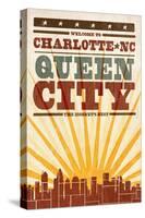 Charlotte, North Carolina - Skyline and Sunburst Screenprint Style-Lantern Press-Stretched Canvas