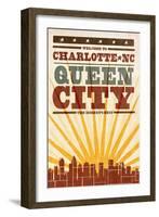 Charlotte, North Carolina - Skyline and Sunburst Screenprint Style-Lantern Press-Framed Art Print