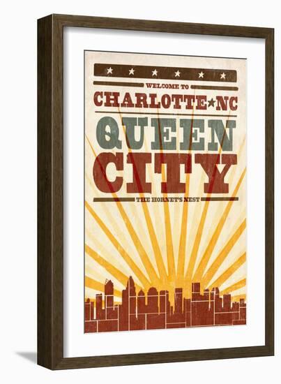 Charlotte, North Carolina - Skyline and Sunburst Screenprint Style-Lantern Press-Framed Art Print