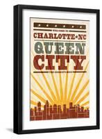 Charlotte, North Carolina - Skyline and Sunburst Screenprint Style-Lantern Press-Framed Art Print