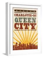 Charlotte, North Carolina - Skyline and Sunburst Screenprint Style-Lantern Press-Framed Art Print