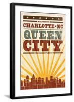 Charlotte, North Carolina - Skyline and Sunburst Screenprint Style-Lantern Press-Framed Art Print