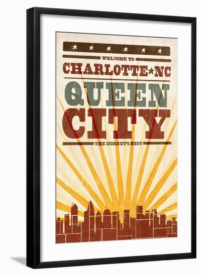 Charlotte, North Carolina - Skyline and Sunburst Screenprint Style-Lantern Press-Framed Art Print