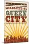 Charlotte, North Carolina - Skyline and Sunburst Screenprint Style-Lantern Press-Mounted Art Print