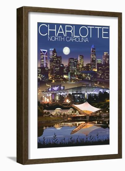 Charlotte, North Carolina - Skyline at Night-Lantern Press-Framed Art Print