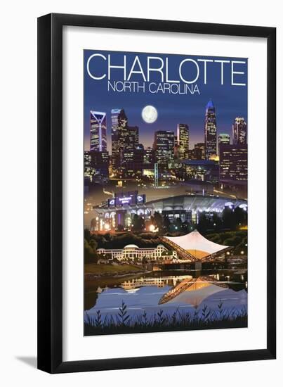 Charlotte, North Carolina - Skyline at Night-Lantern Press-Framed Art Print