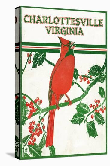Charlottesville, Virginia - Cardinal Perched on a Holly Branch-Lantern Press-Stretched Canvas