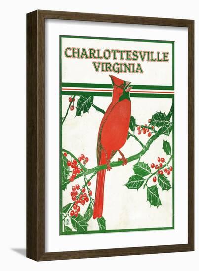 Charlottesville, Virginia - Cardinal Perched on a Holly Branch-Lantern Press-Framed Art Print