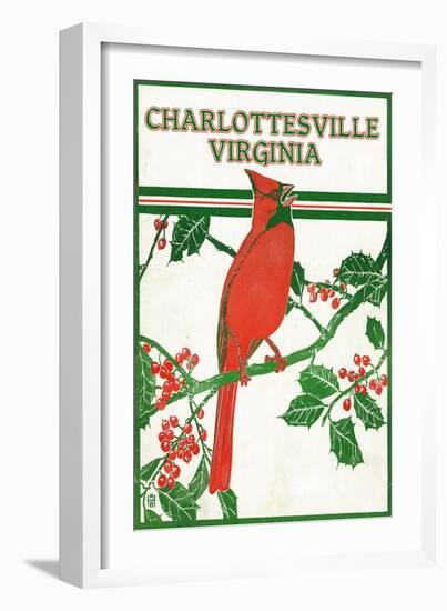 Charlottesville, Virginia - Cardinal Perched on a Holly Branch-Lantern Press-Framed Art Print