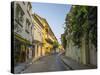 Charming residential street in historic Cartagena, Colombia.-Jerry Ginsberg-Stretched Canvas