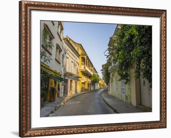 Charming residential street in historic Cartagena, Colombia.-Jerry Ginsberg-Framed Photographic Print