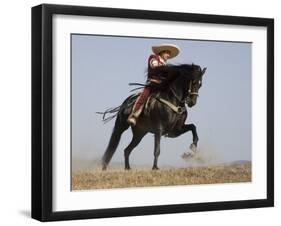 Charro on a Black Andalusian Stallion Galloping in Ojai, California, USA-Carol Walker-Framed Photographic Print