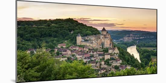 Chateau De Castelnaud Castle and Dordogne River at Sunset-null-Mounted Photographic Print