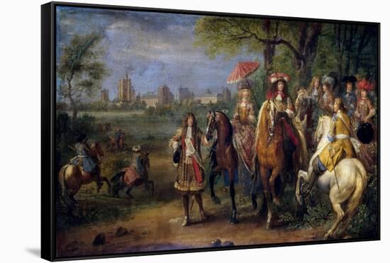 Chateau De Vincennes with Louis XIV and Marie Therese with their Court in 1669-Adam Frans van der Meulen-Framed Stretched Canvas