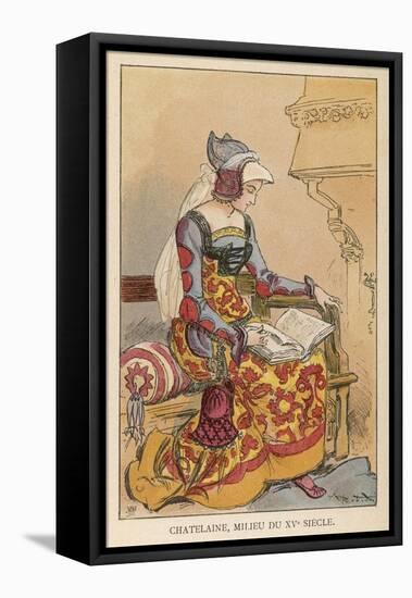 Chatelaine Chez Elle: The Lady of the Chateau Sits in Her Boudoir Reading-Albert Robida-Framed Stretched Canvas