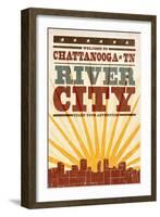 Chattanooga, Tennessee - Skyline and Sunburst Screenprint Style-Lantern Press-Framed Art Print