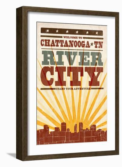 Chattanooga, Tennessee - Skyline and Sunburst Screenprint Style-Lantern Press-Framed Art Print