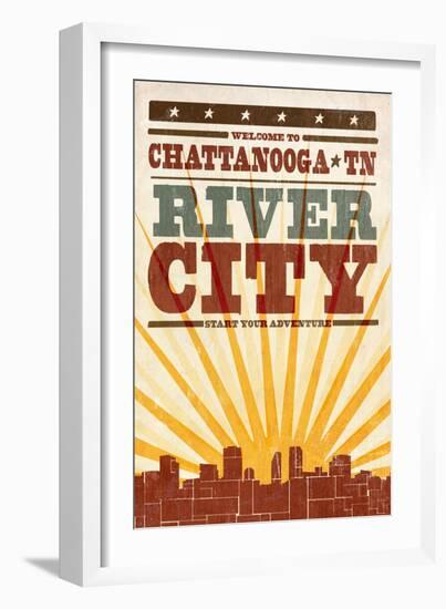 Chattanooga, Tennessee - Skyline and Sunburst Screenprint Style-Lantern Press-Framed Art Print