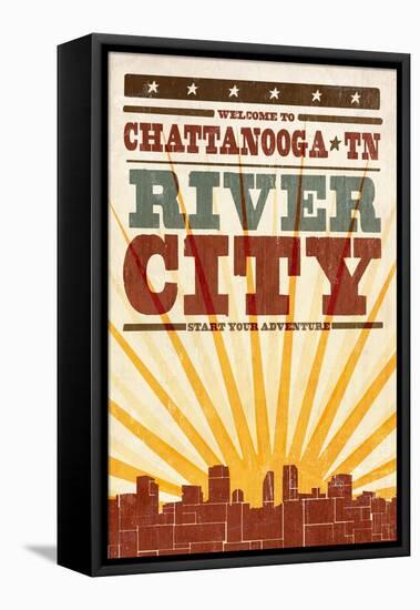 Chattanooga, Tennessee - Skyline and Sunburst Screenprint Style-Lantern Press-Framed Stretched Canvas