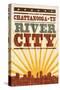 Chattanooga, Tennessee - Skyline and Sunburst Screenprint Style-Lantern Press-Stretched Canvas