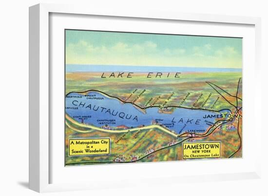 Chautauqua Lake, New York - Aerial Map of Lake and Surrounding Towns-Lantern Press-Framed Art Print