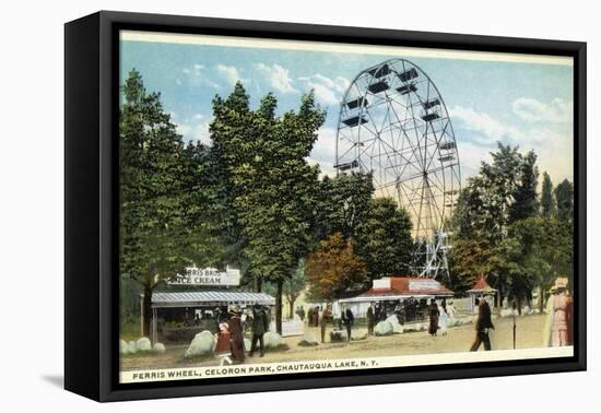 Chautauqua Lake, New York - Celoron Park; Ferris Wheel View-Lantern Press-Framed Stretched Canvas