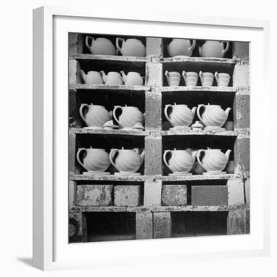 Cheap Chinaware Saucers, Cups, Teapots, Etc Standing on Racks in Pottery of the Hall China Co-Walker Evans-Framed Photographic Print