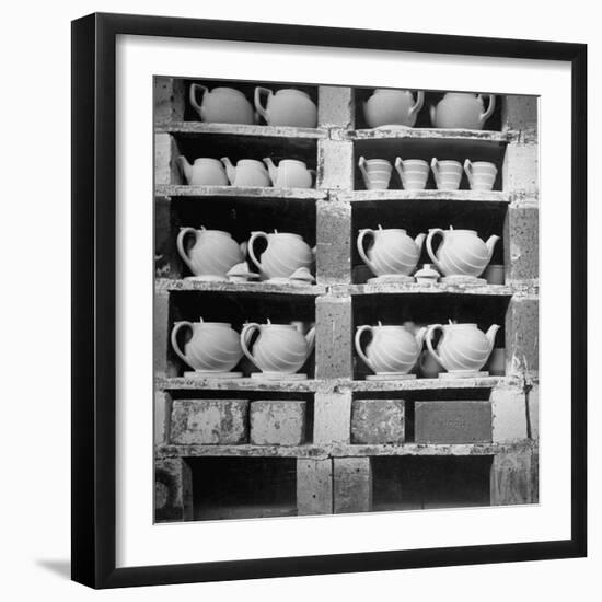 Cheap Chinaware Saucers, Cups, Teapots, Etc Standing on Racks in Pottery of the Hall China Co-Walker Evans-Framed Photographic Print