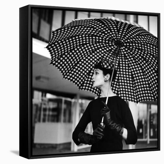 Checked Parasol, New Trend in Women's Accessories, Used at Roosevelt Raceway-Nina Leen-Framed Stretched Canvas