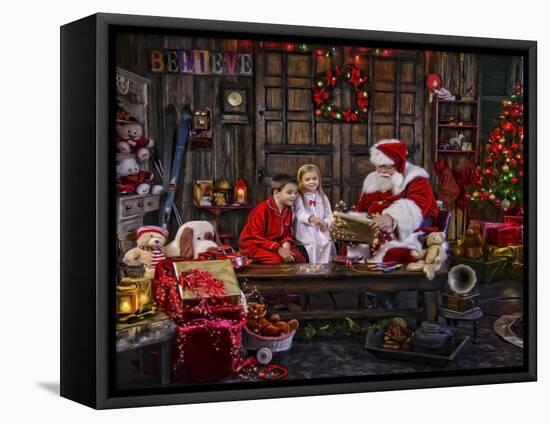 Checking His List Boys and Girls-Santa’s Workshop-Framed Stretched Canvas