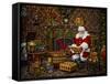 Checking His List by the Fire-Santa’s Workshop-Framed Stretched Canvas