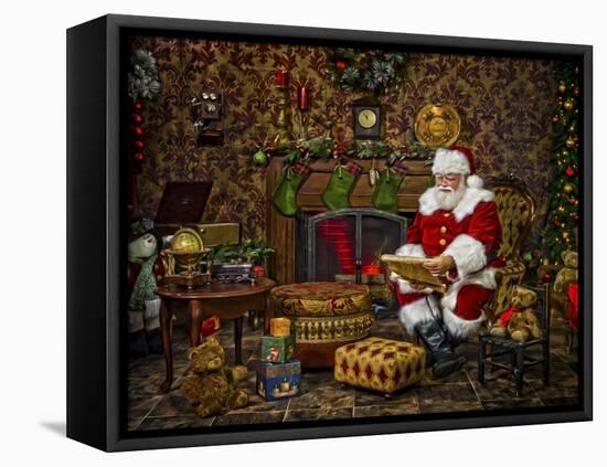 Checking His List by the Fire-Santa’s Workshop-Framed Stretched Canvas