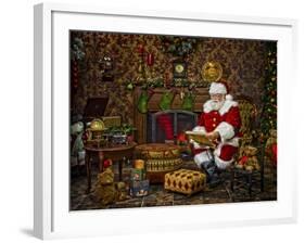 Checking His List by the Fire-Santa’s Workshop-Framed Giclee Print