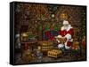 Checking His List by the Fire-Santa’s Workshop-Framed Stretched Canvas