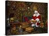 Checking His List by the Fire-Santa’s Workshop-Stretched Canvas