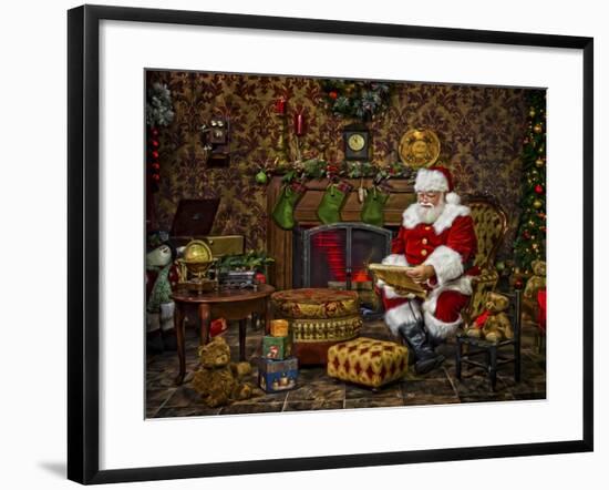 Checking His List by the Fire-Santa’s Workshop-Framed Giclee Print