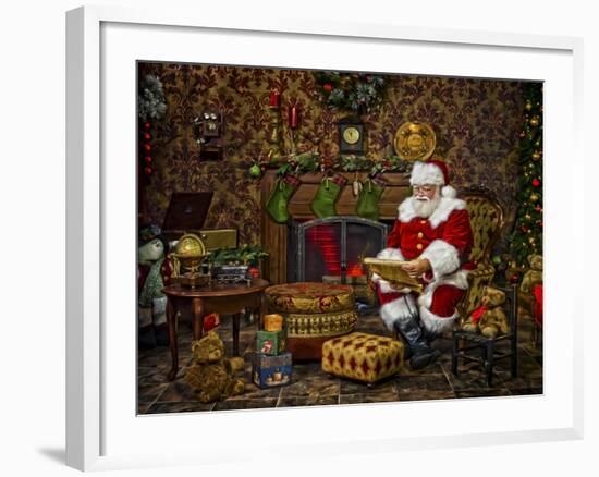 Checking His List by the Fire-Santa’s Workshop-Framed Giclee Print