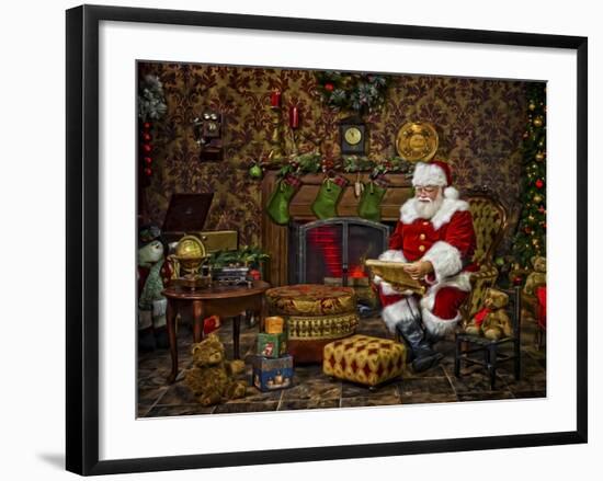 Checking His List by the Fire-Santa’s Workshop-Framed Giclee Print