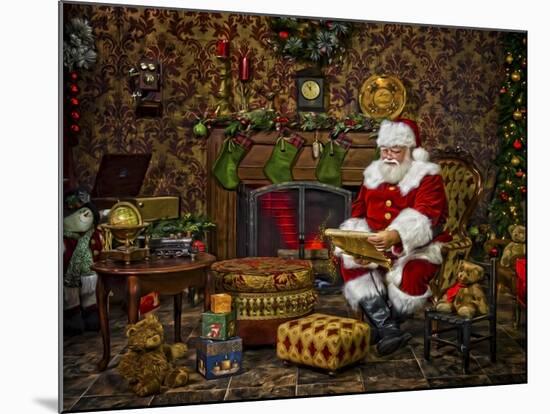 Checking His List by the Fire-Santa’s Workshop-Mounted Giclee Print