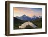 Cheerful hiker admiring Wetterhorn, Schreckhorn and Finsteraarhorn from Bachalpsee at dawn-Roberto Moiola-Framed Photographic Print