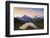 Cheerful hiker admiring Wetterhorn, Schreckhorn and Finsteraarhorn from Bachalpsee at dawn-Roberto Moiola-Framed Photographic Print