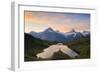 Cheerful hiker admiring Wetterhorn, Schreckhorn and Finsteraarhorn from Bachalpsee at dawn-Roberto Moiola-Framed Photographic Print