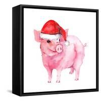 Cheerful Pig in Red Santa Hat. Watercolor for New Year 2019-zzorik-Framed Stretched Canvas