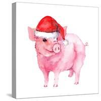 Cheerful Pig in Red Santa Hat. Watercolor for New Year 2019-zzorik-Stretched Canvas