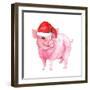 Cheerful Pig in Red Santa Hat. Watercolor for New Year 2019-zzorik-Framed Photographic Print