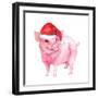 Cheerful Pig in Red Santa Hat. Watercolor for New Year 2019-zzorik-Framed Photographic Print